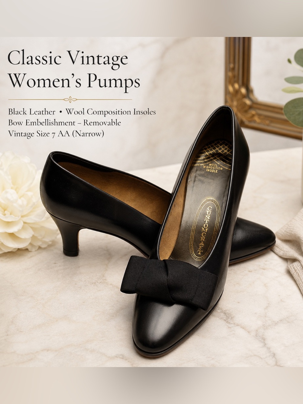 Vintage Custom Craft Black bow shoes  sz 7 aa Narrow